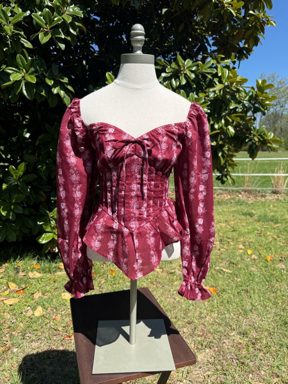 Francesca's Collections Burgundy Floral Corset Peplum Blouse